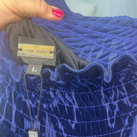 Alexa Admor Blue Velvet Burn Out Pattern Dress Long Sleeve High Neck Size Large - Picture 6 of 9